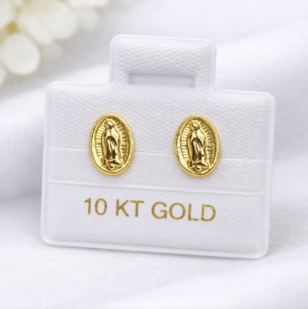 10K Gold Virgin Mary Oval Stud Earrings - Classic Religious Jewelry